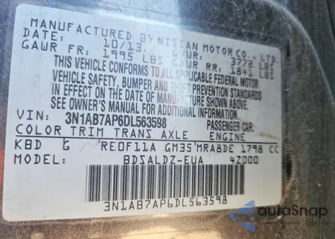 2013 Nissan Sentra S z USA, uszkodzony, nr VIN 3N1AB7AP6DL563598
